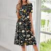 Women's Fashionable Print Round Neck Loose Short Sleeved Pocket Pullover Dress