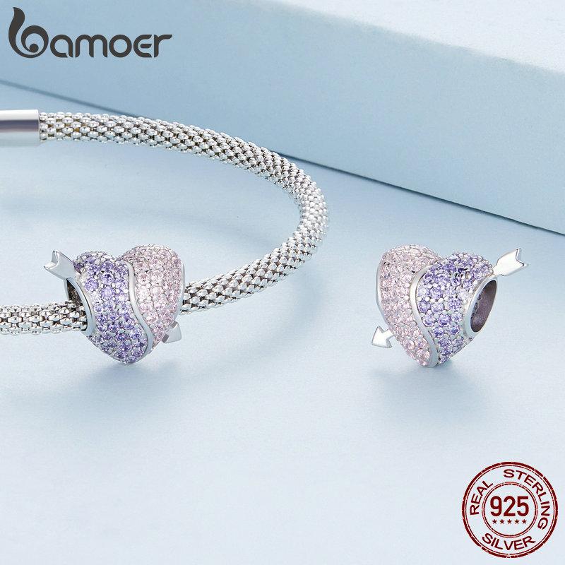 BAMOER Стерлинговое серебро 925 пробы со сверкающими фиолетовыми и розовыми цирконами Тай Чи и подвесками в форме сердца из бисера, ювелирные украшения