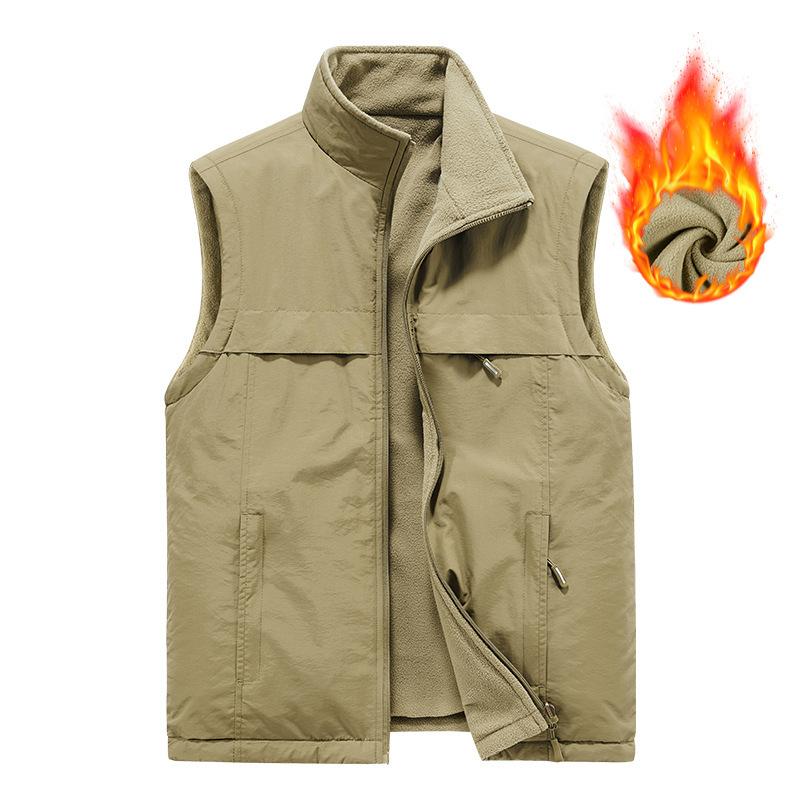 Autumn and Winter Middle-aged Men's Vest Velvet Dad Sleeveless Stand-up Collar Multi-pocket Quick-drying Vest Wearing Vest On Both Sides