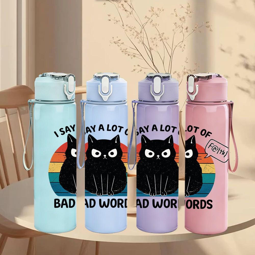 1PC Bad Words Black Cat Pattern 750ml Color Plastic Sports Water Bottle Leakproof Flip Straw Lid Suitable for Sports Office Home Use