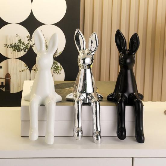 Sitting Bunny Statue Flocking Rabbit Figurine Easter Bunny Ornaments for Living Room Cabinet Home Tabletop Decor