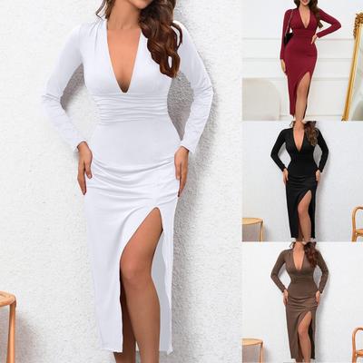 И зимняя длинная юбка, сексуальное облегающее платье с разрезом на бедрах, V-образным вырезом и длинными рукавами