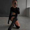 Женское европейское и американское платье с круглым вырезом и длинными рукавами, сексуальная юбка с полыми боковинами