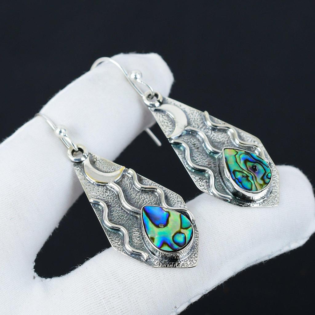 Natural Abalone Shell Gemstone Earrings, 925 Sterling Silver Earring, Handmade Boho Silver Jewelry Dangle Earrings, Birthday Gifts