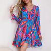 Women's Summer New Ruffled Long Sleeved Leisure Loose Holiday Style Patched Color Short Dress