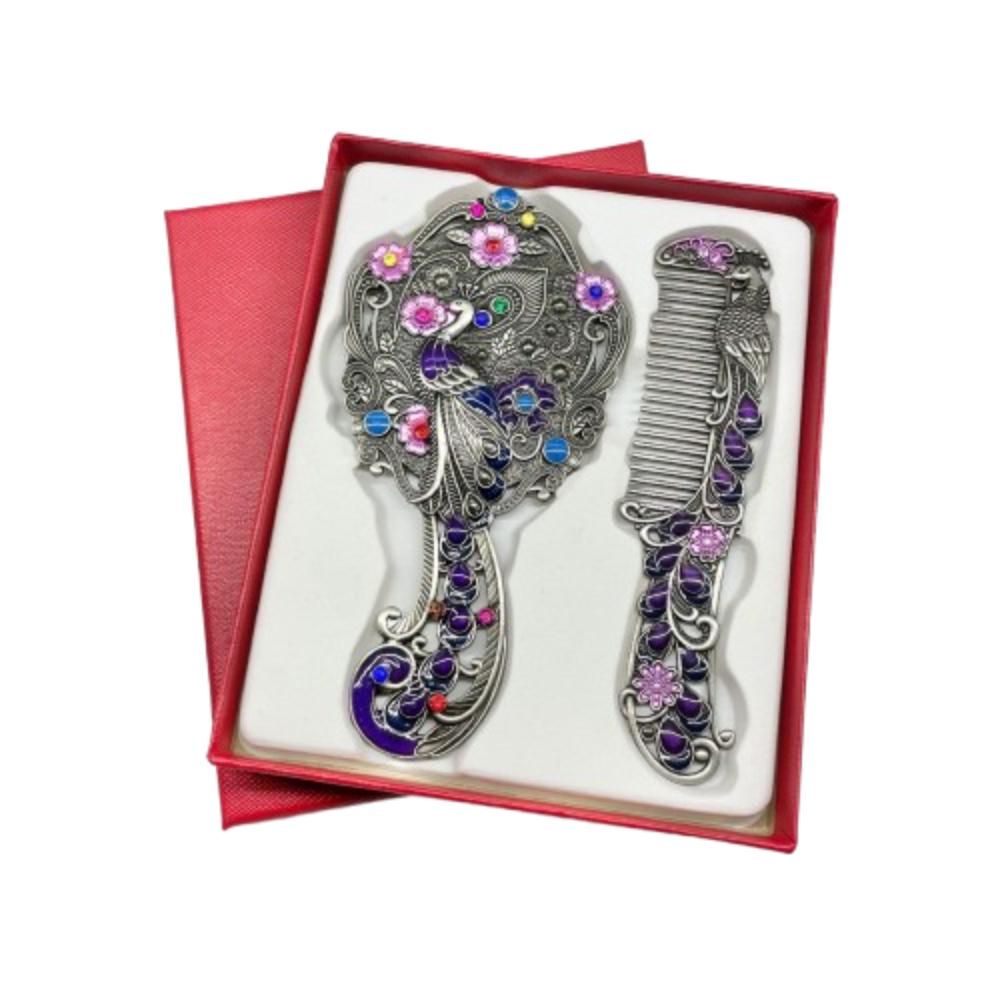 Portable Peacock Makeup Mirror Comb Set Vintage Hand-held Cosmetic Mirror Metal Handle with Comb Vanity Mirror Middle East