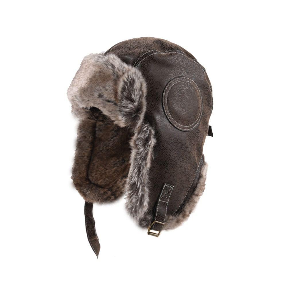 Faux Fur Lined Winter Trapper Hat Leather Snow Cap With Ear Flap Women Men Ski Ushanka