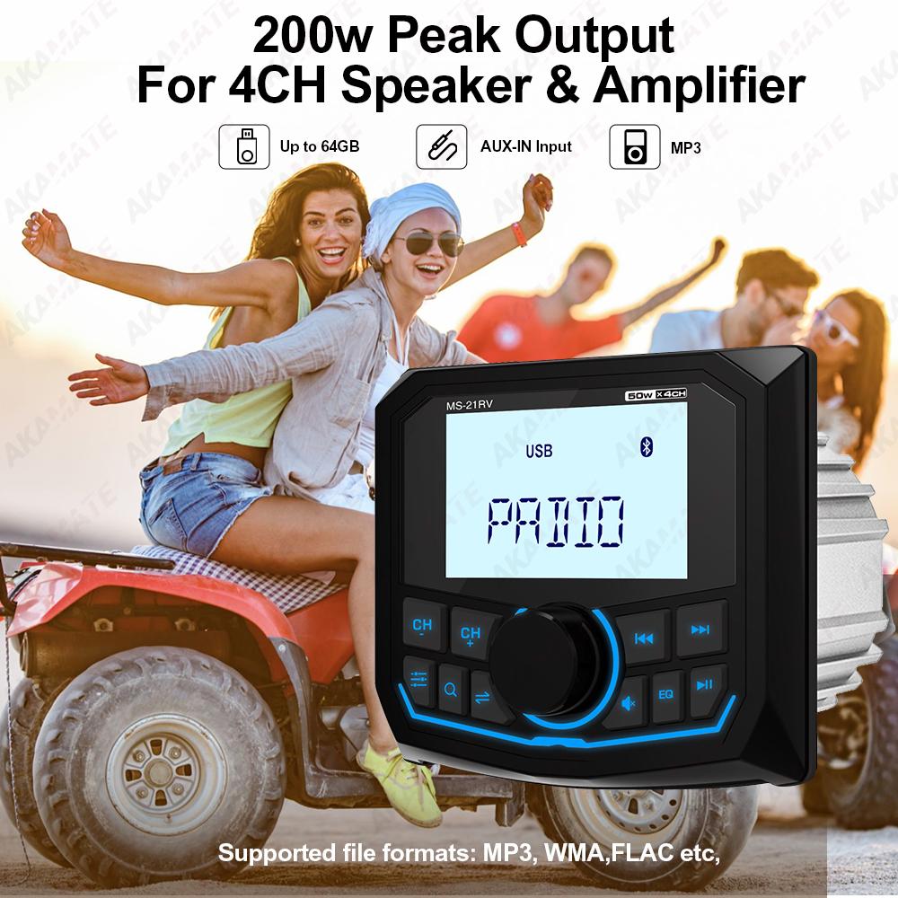 Marine Radio MP3 Player Waterproof Bluetooth AUX FM AM Music Media Video Player Colour Backlight for Harvesters ATV UTV SPA RZR
