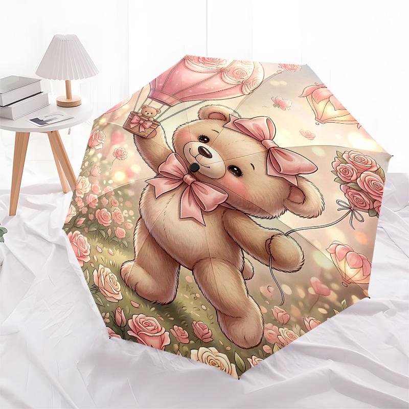 1PC Teddy Bear, Roses Umbrella-8-Rib Reinforced, Automatic Open, Lightweight & Durable, Fashion Accessory for Outdoor, Beach L0417