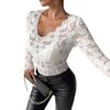 Women's Elegant V-neck Scalloped Collar Edge Single Layer Solid Colour Lace Long-sleeved Slim Thin T-shirt