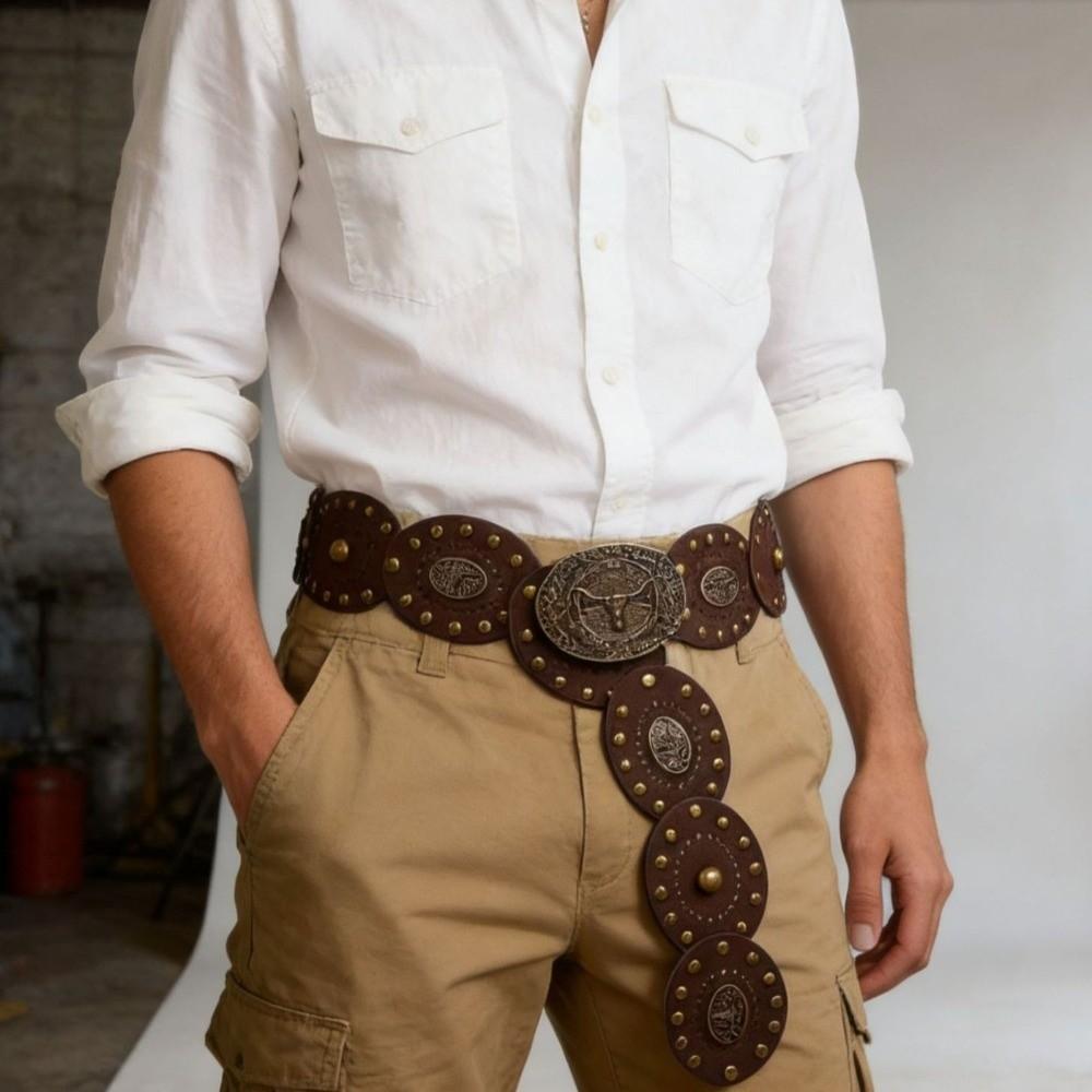 Wide Western Waist Belt Cow Head Buckle PU Leather Belt Ethnic Style Cowboy Belt Party Wear