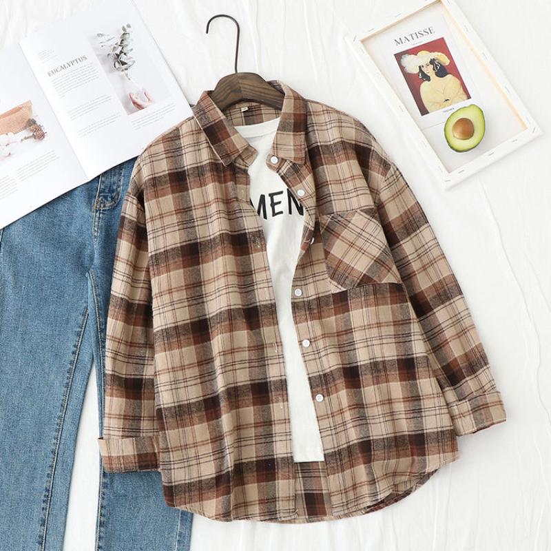 Клетчатые рубашки, женские блузки, женские топы в клетку с длинными рукавами, свободная женская верхняя одежда, повседневная одежда, весенне-осенние новости 2022