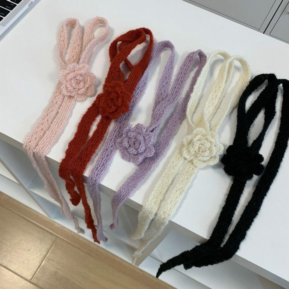 Handmade Crocheted Rose Wool Shawl Solid Color Long Narrow Scarves Sweet Knitted Scarf Outdoor