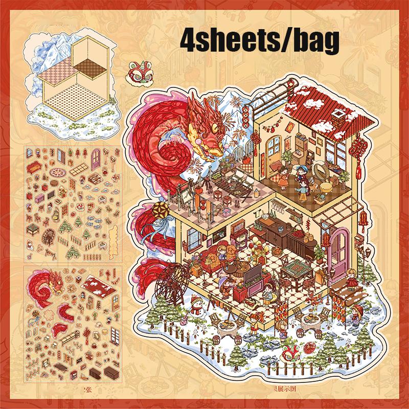4sheets/bag Original New Year Of 3D Landscape Stickers For Decoration Collage Landscape Hand Account DIY Stickers Decorative