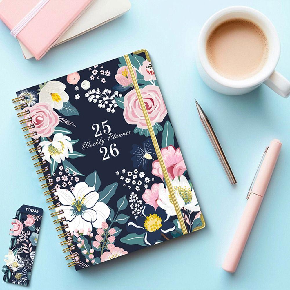 12 Months A5 Agenda Book To Do List Colorful Flower Pattern English Notebook Portable Taking Notes Binder Coil Notebook Business