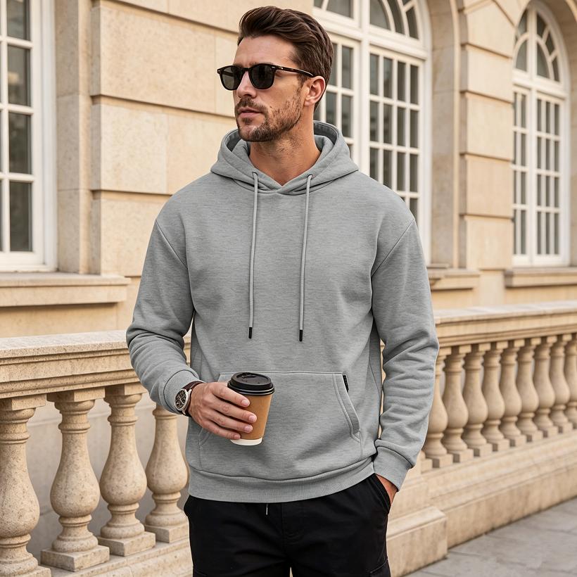 Мужская толстовка с капюшоном на молнии, карман-кенгуру, однотонная, с drawstring-капюшоном, свободный крой, длинный рукав, карман для защиты от кражи, худи для улицы