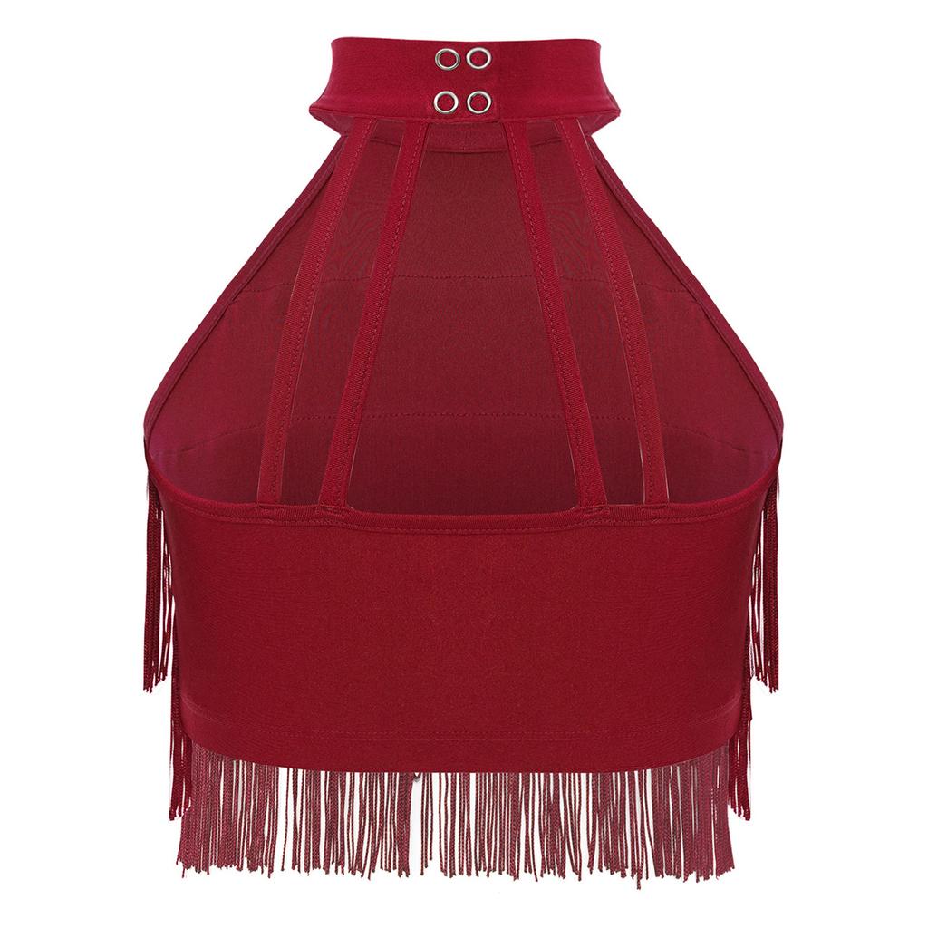 Девочки Сальса Латинские Танцы Укороченный Топ: Безрукавка с бахромой и ремешками на спине с многоярусной бахромой для соревнований