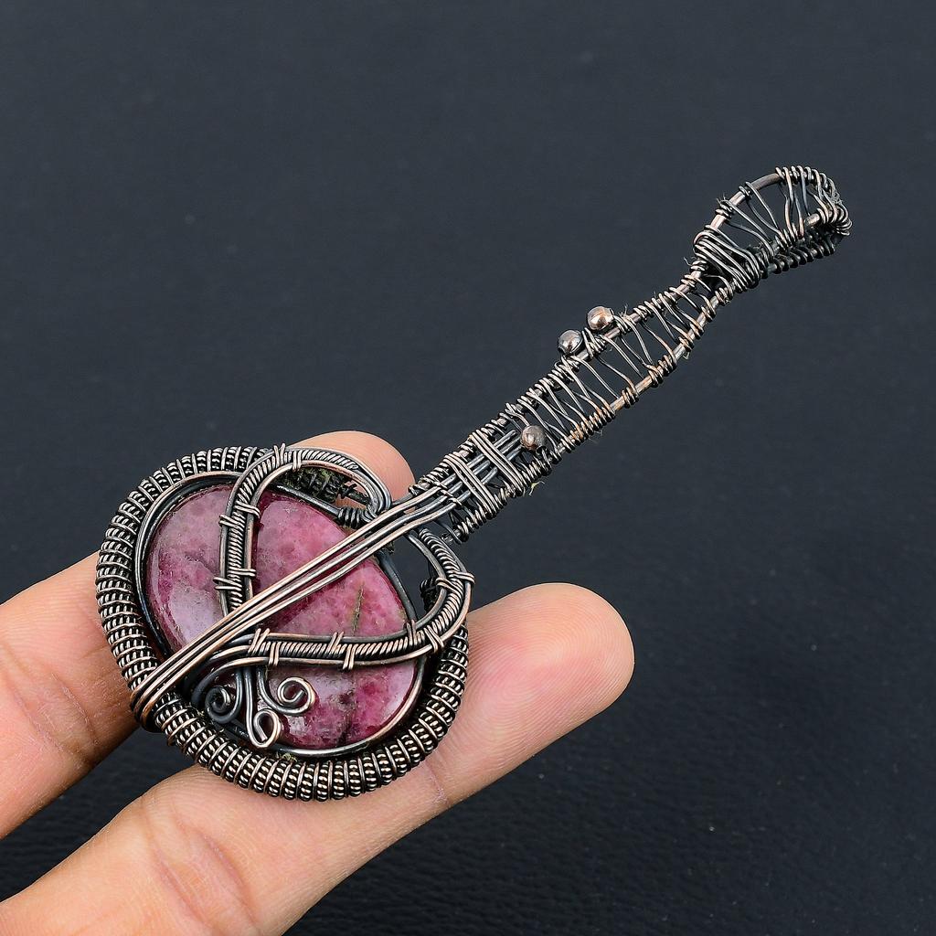 Rhodonite Handmade Copper Wire Wrap Guitar Pendant 3.1 K5g61