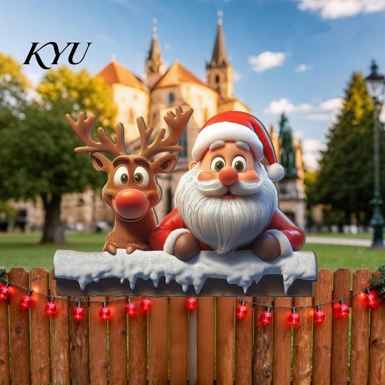 Winter Festive Garden Decor 2D Wooden Christmas Welcome Sign, Santa Reindeer Penguin Yard Ornament, Weather Resistant Decorations Cartoon Fence