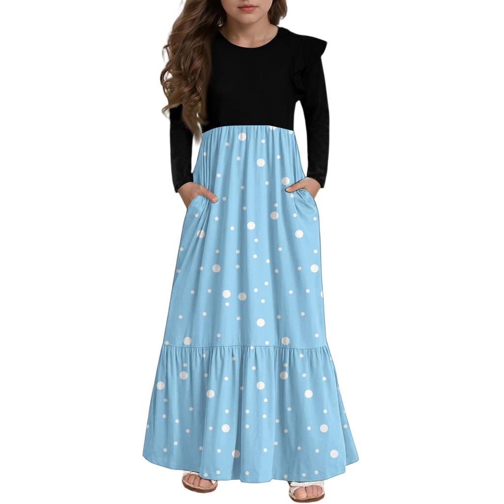 Girls' Tiered Ruffle Dress - Long Sleeve Printed Maxi With Pockets