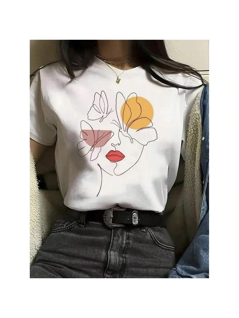 Wounisex's 100% Cotton Floral Print T-Shirt Casual Round Neck Short Sleeve Tee With Artistic Flower Design