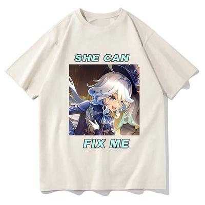 Новые футболки Genshin Impact Furina с аниме-играми и принтом, уличная одежда унисекс, женская модная футболка из 100% хлопка, футболки, топы, одежда