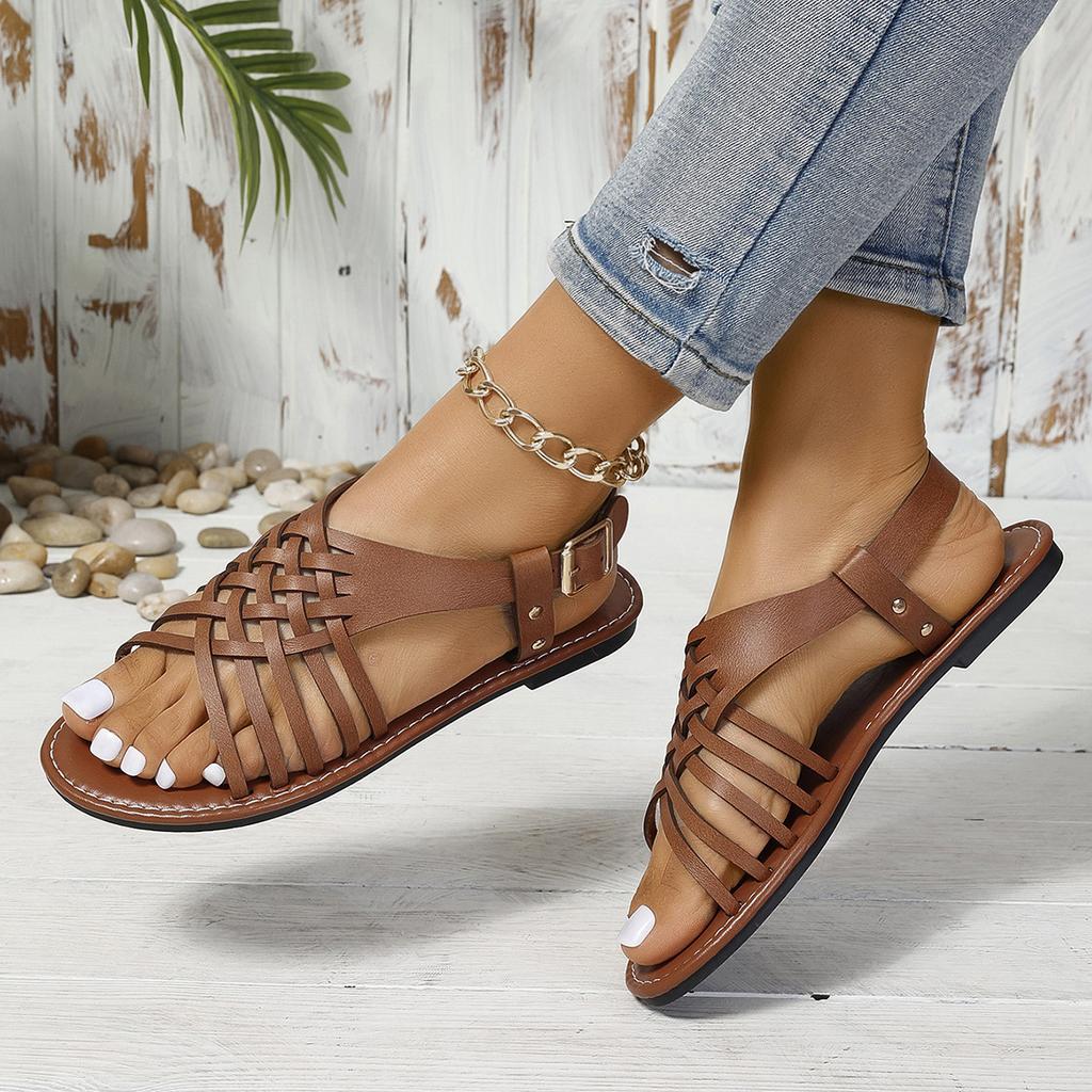 European and American Foreign Trade Large Size Flat-bottom Buckle Open-toed Sandals Women's Retro Style Cross Belt Light Beach Cool Slippers