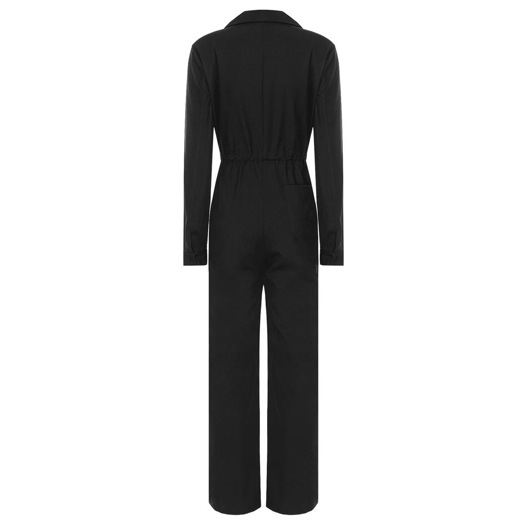 Womens Fashion Jumpsuit Button Front Design Casual Solid Color Turn Down Collar Long Sleeve Coverall