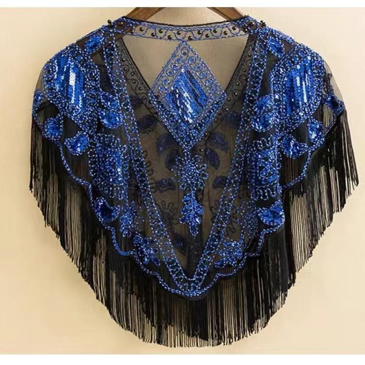 Women 1920s Sequined Shawl with Tassels Beaded Pearl Fringe Sheer Mesh Wraps Gatsby Flapper Bolero Cape Cover Up