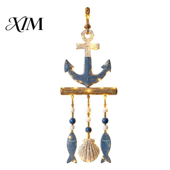 Coastal Porch Hanging Decor Lighted Wooden Wall Ornament, Nautical Fish Shell Starfish Sign with Indoor Outdoor Decorative LED Lights Warm Lights,