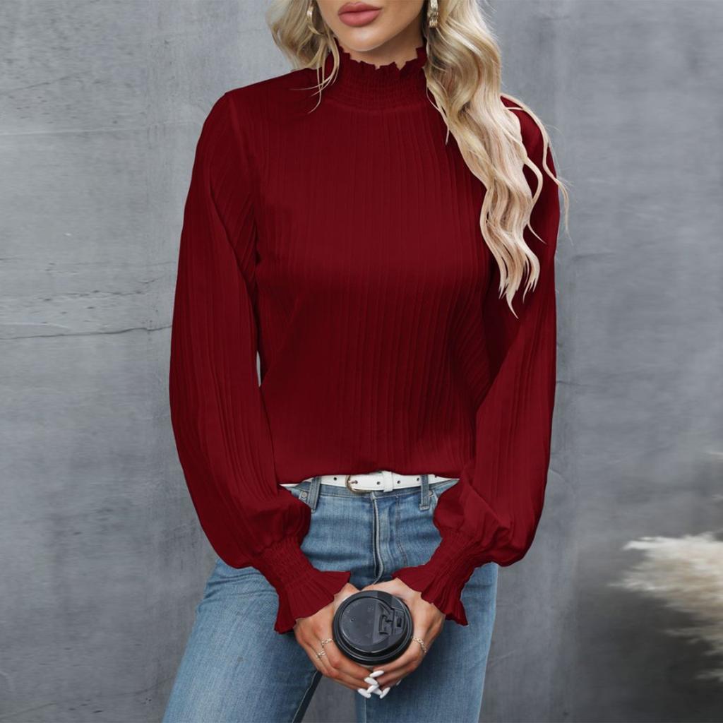 Women's Fashionable Round Neck Long Sleeved Solid Color Loose Shirt Top
