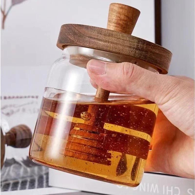 High-quality Glass Honey Pot Jars Container Organizer Transparent Honey Dipper Stick and Jar Sets with Wooden Lid Kitchen Items