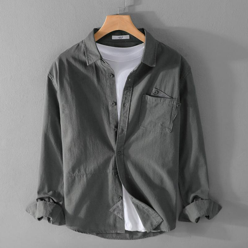 Весенне-летняя рубашка с длинным рукавом для мужчин в корейском стиле, рабочая одежда для мужчин, топы с воротником-лацканами и карманами, хлопковая рубашка, простая мужская одежда