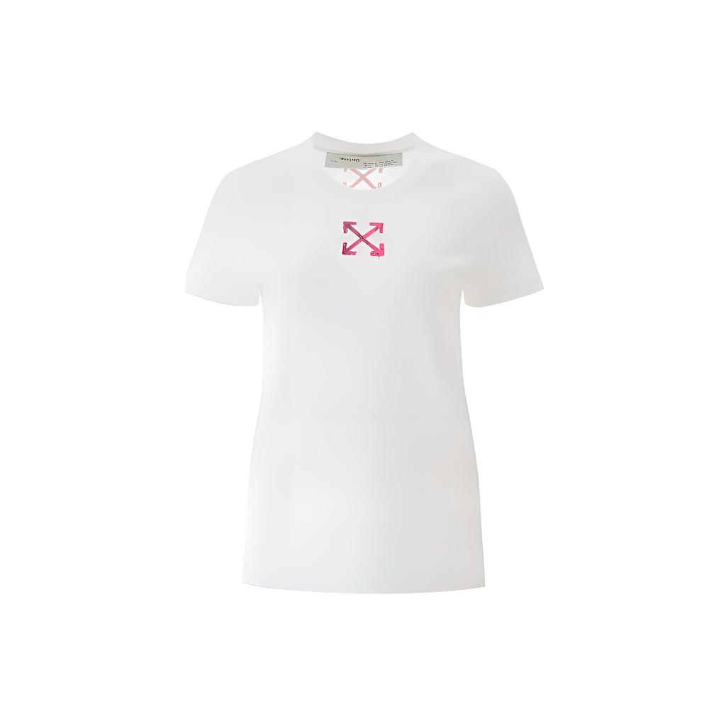 Off-White Хлопковая футболка с принтом логотипа-стрелки, круглым вырезом, коротким рукавом, женские топы, белая OWAA049R20B071000128