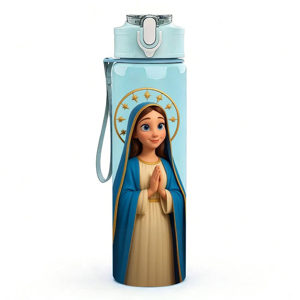 1PC Blue Robe Virgin Mary Religious Print 750ml Color Plastic Sports Water Bottle Leakproof Flip Straw Lid Suitable for Sports Office Home Use