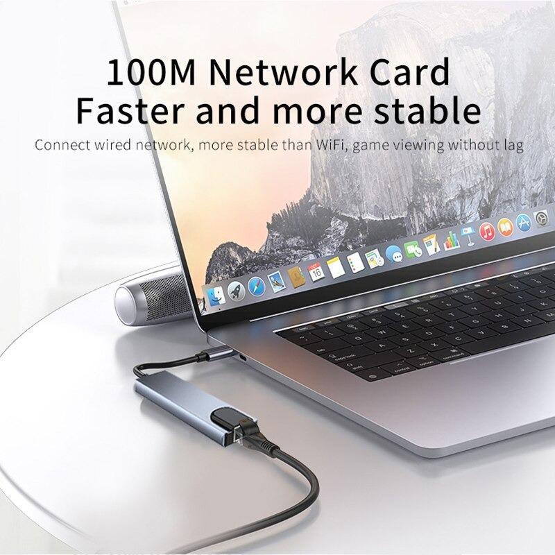 USB-C хаб 8 в 1 Type C 3.1 к 4K HDTV адаптер с RJ45 100 Мбит/с, кардридером SD/TF, PD100W быстрая зарядка для Macbook Xiaomi Huawei Ноутбука