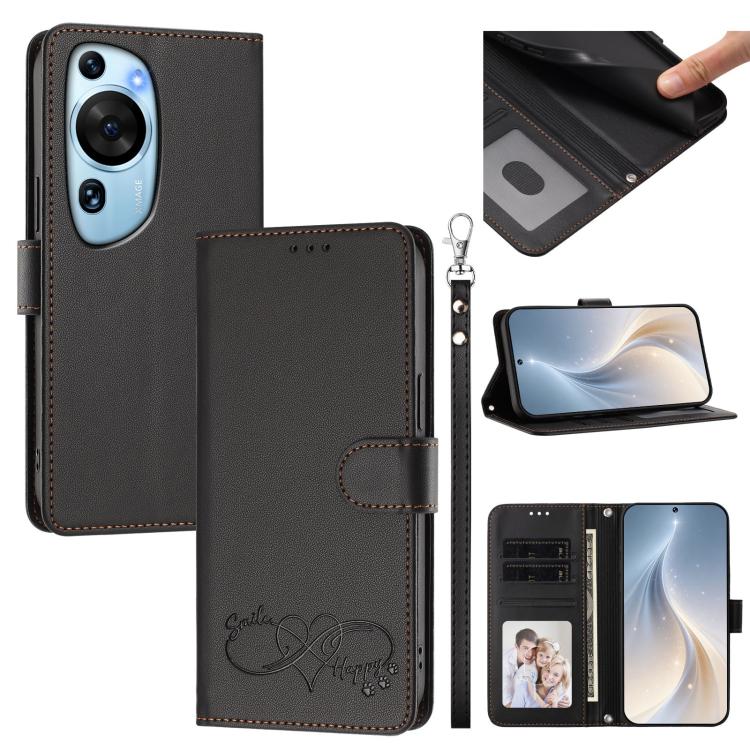 Happy Heart Pattern Magnetic Closure Vegan Leather Phone Case with Wrist Strap For Huawei Mate 60