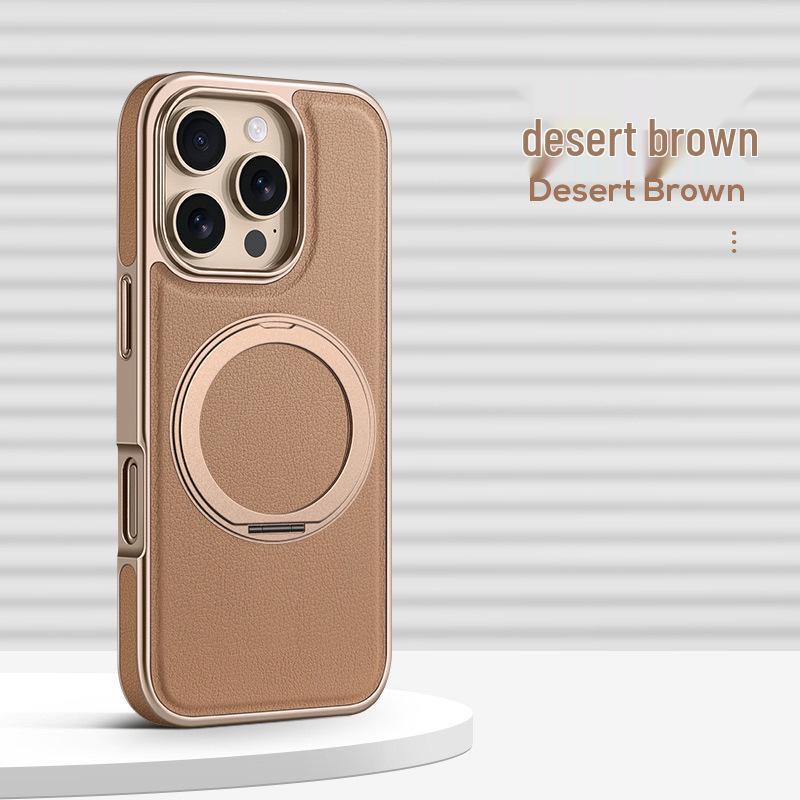 Совместимо с iPhone 16/17 Pro Max: Чехол для телефона с кожаным магнитным вращающимся кронштейном, матовый, гальванизированный, противоударный дизайн.
