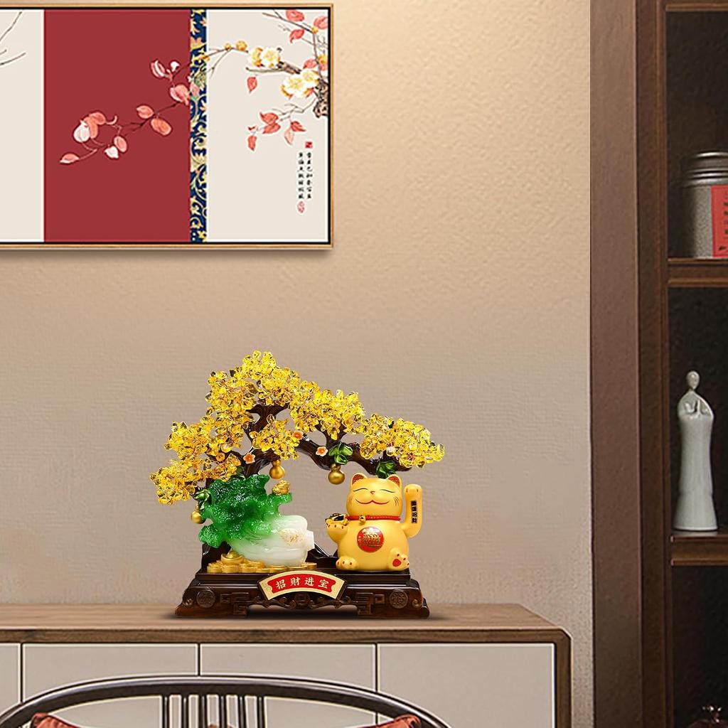 Aris & Juno 11.42'' Feng Shui Money Tree Statue with Fortune Cat & Jade Cabbage, Lucky Wealth Decor for Bookshelf, Home Office & Business Opening