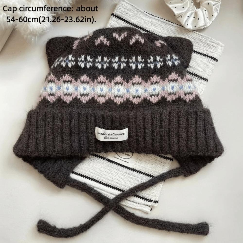 Вязаная шапка с ушками кошки в стиле Fair Isle Геометрический жаккард Пушистая вязаная шапка Утепленная бини Для отдыха и путешествий