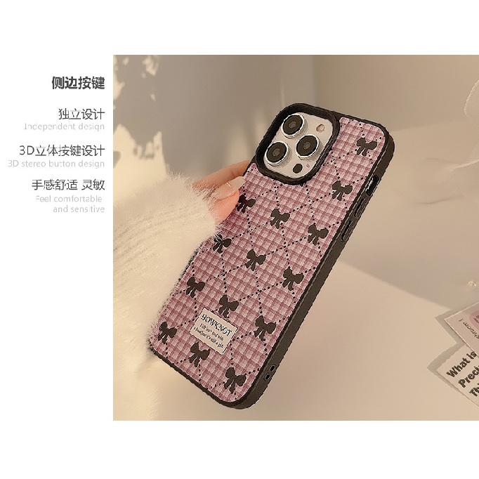 Korean-style bowknot plaid phone case for iPhone 16, 17 Pro Max, sweet 11, suitable for iPhone 15, leather 13, winter