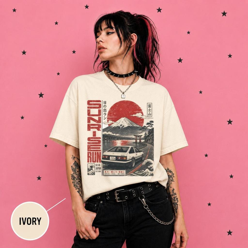 Y2K JDM Sunset Shirt Japanese Car Culture Tee Japan Streetwear Graphic Tee Mount Fuji Shirt Comfort Colors®