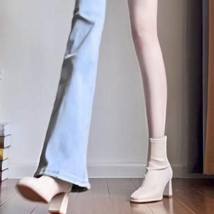 Giant Skinny! Skinny Boots~ Thick Heel White Ankle Boots Women's French Short Boots Square Head High Heel Elastic Boots Women's