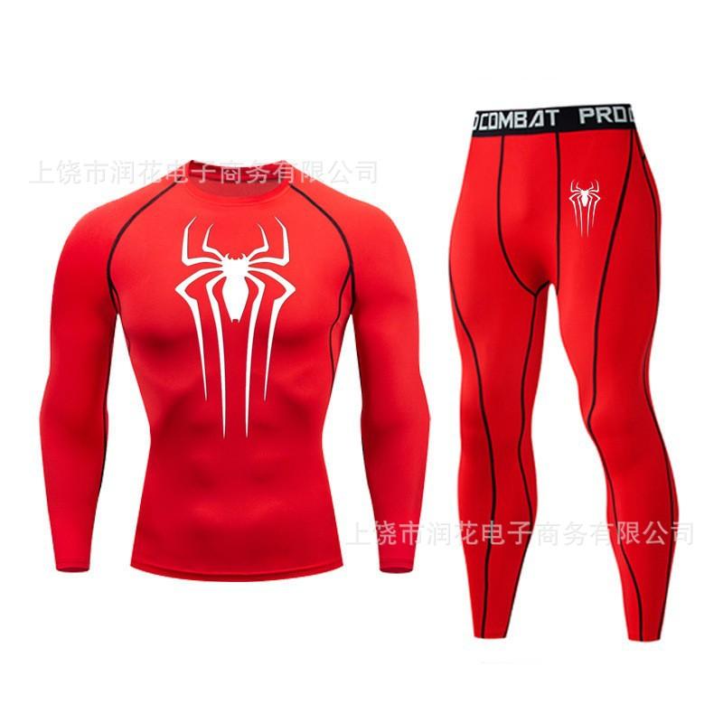 1116 Men's Spider-Man 1D Printed Fitness Suit High Elastic Quick-Drying Long Sleeve Tights Sports Pants Two-piece Set