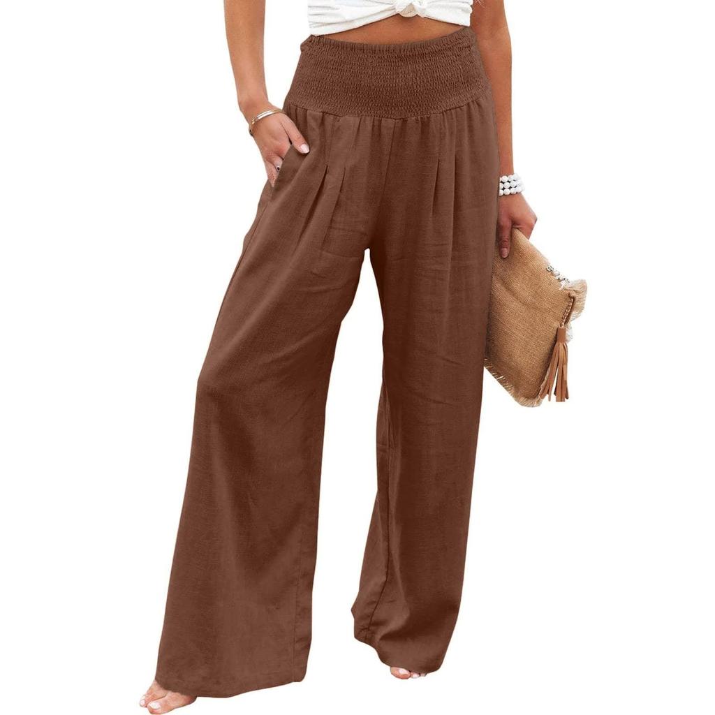 High Waisted Pants For Women Stretchy Wide Leg Palazzo Pants Casual Comfy Beach Pants Trousers