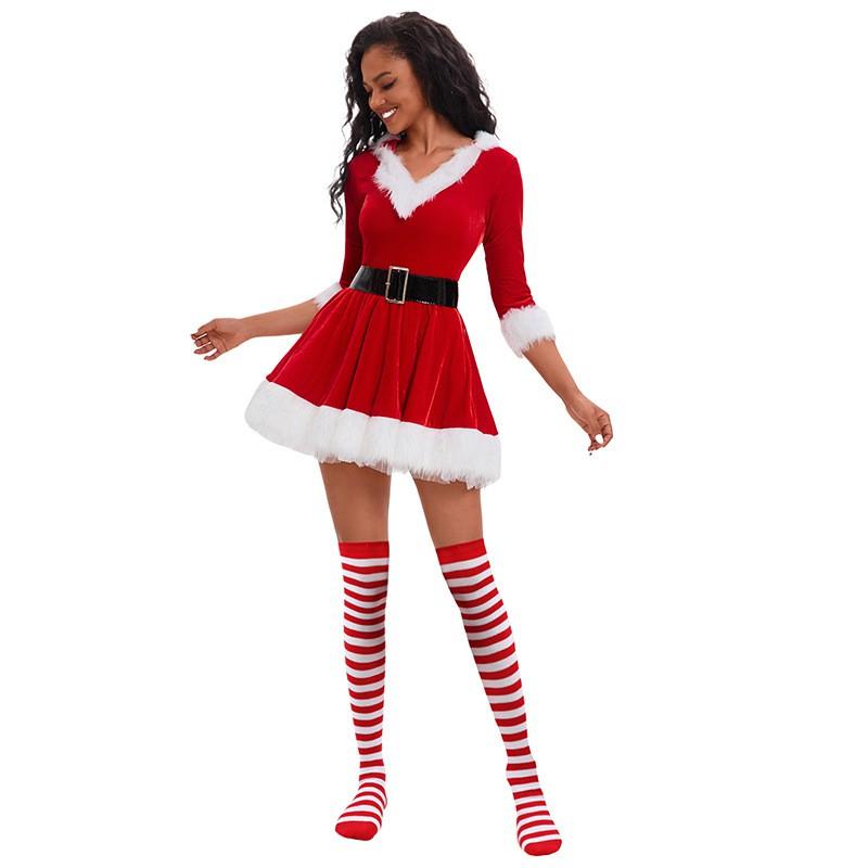 Christmas Cosplay Dress Festive Party Skirt With Belt Women 18-24 Years Old