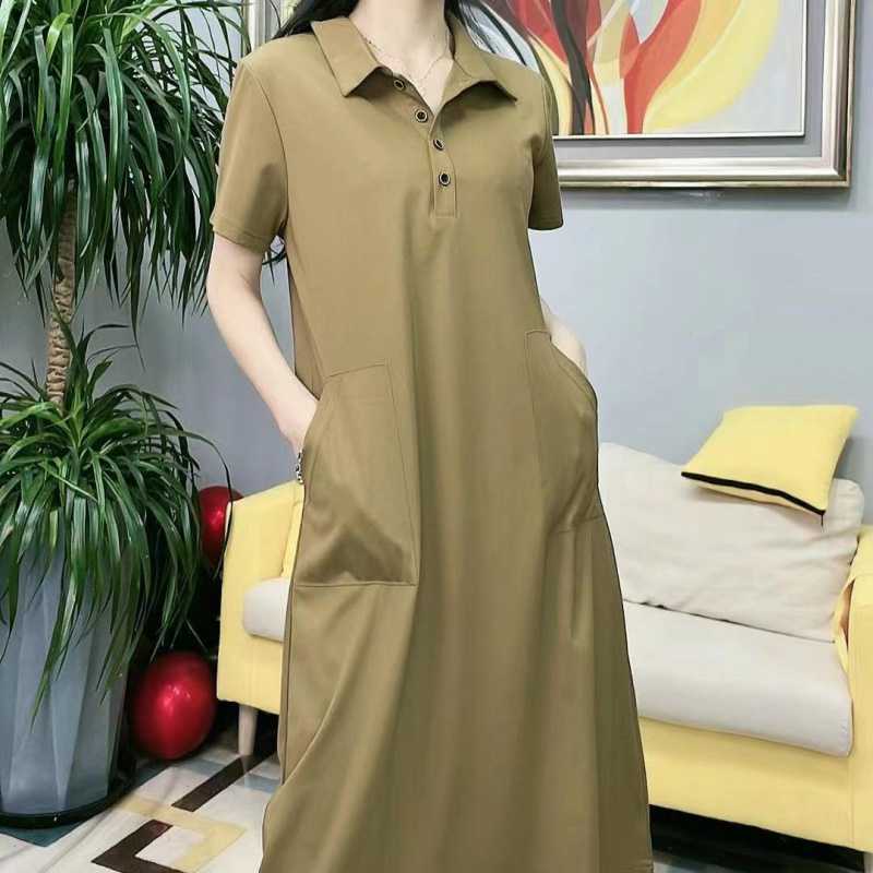 Women's Summer Knee Over Hip Long Solid Color T-shirt Skirt Casual Polo Dress