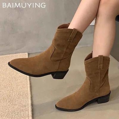 Женские ботильоны из массивной замши, элегантные туфли на среднем каблуке для ходьбы, женские туфли-лодочки 2024 года, зимние туфли-лодочки, дизайнерские повседневные готические туфли-лодочки