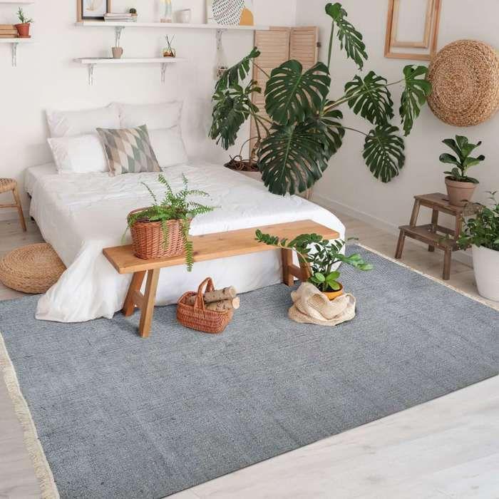 Tapis en jute et coton avec franges gris clair 120x170 - style bohème