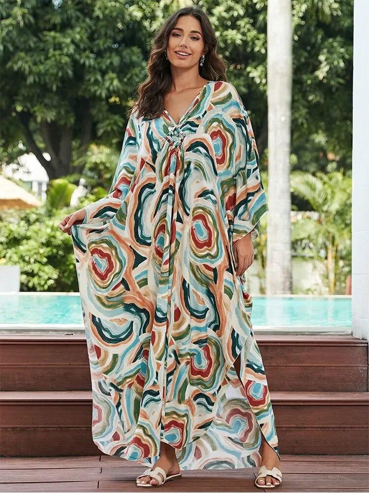 EDOLYNSA Кафтан больших размеров с богемным принтом, летнее длинное пляжное платье, женская домашняя одежда, купальный костюм, накидка, свободный кафтан